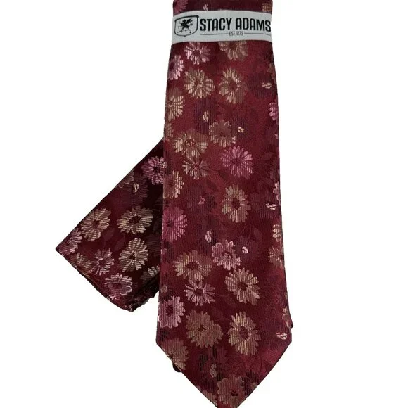 Stacy Adams Men Tie Hanky Burgundy Pink Bone Floral 100% Microfiber 3.25
