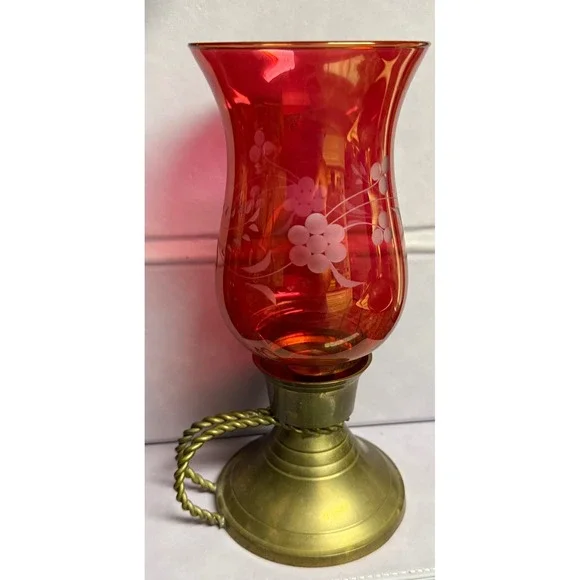 Vintage Cranberry Color Etched Glass Hurricane Candle Holder Brass Base 9.5