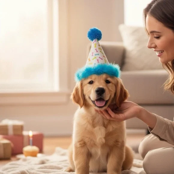 Dog Birthday Hat with Pom Pom in Blue Confetti