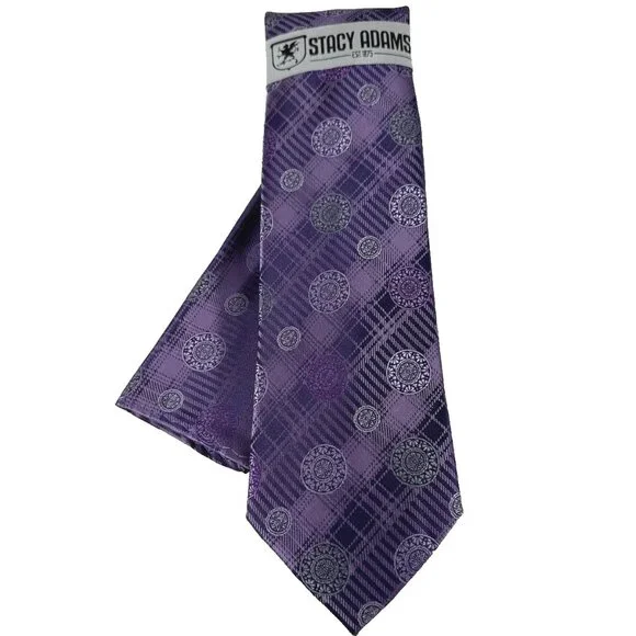 Stacy Adams Men Tie Hanky Purple Lilac Charcoal Gray Plaids & Checks 3.25