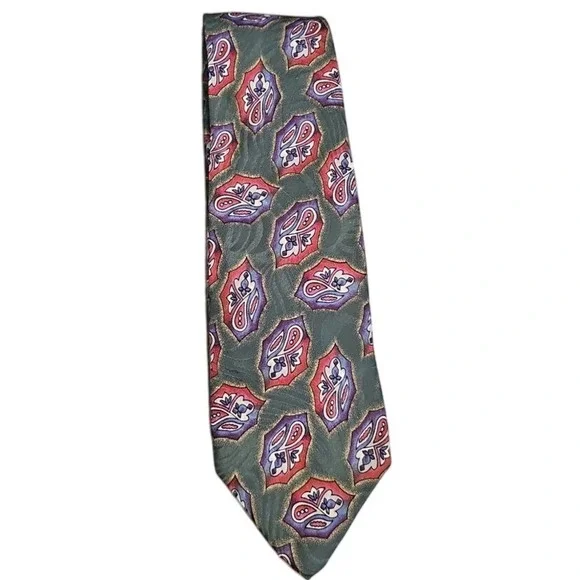 Christopher Hayes‎ Vintage 100% Silk Tie Paisley Pattern Green Red Purple USA