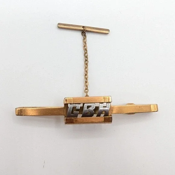 Swank Vintage Gold Tone‎ Monogram CBH Tie Clip Bar with Safety Chain T-Bar