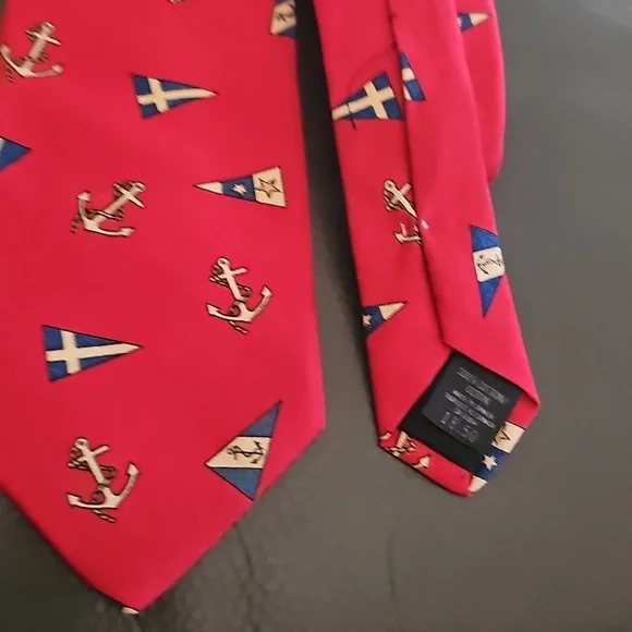 Nautical Red Tie with Anchor and Flag Design By VALENTE. Made In USA 100% Cotton