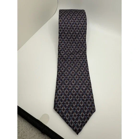 Alberto Zaffra Silk Tie USA Made Burgundy Navy Geometric‎ Chain Pattern 56.5