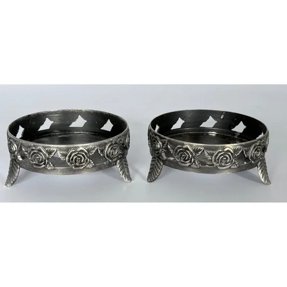 2 Silver Tone Metal Rose Candle Ring Base Holder Stand Holds 4