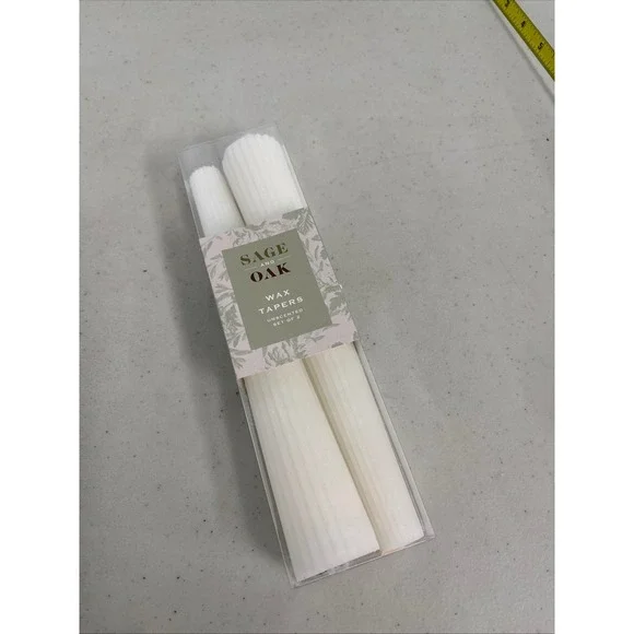 Sage and Oak White Ribbed Wax Taper Candles Unscented Set of 2 Fluted Design NEW