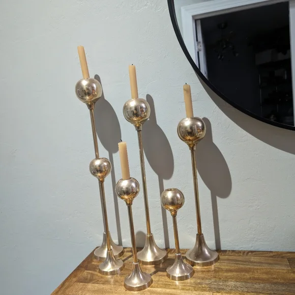 Set of XLarge Graduated Brass Candlesticks/Mid Century Modern Brass Candlestick‎