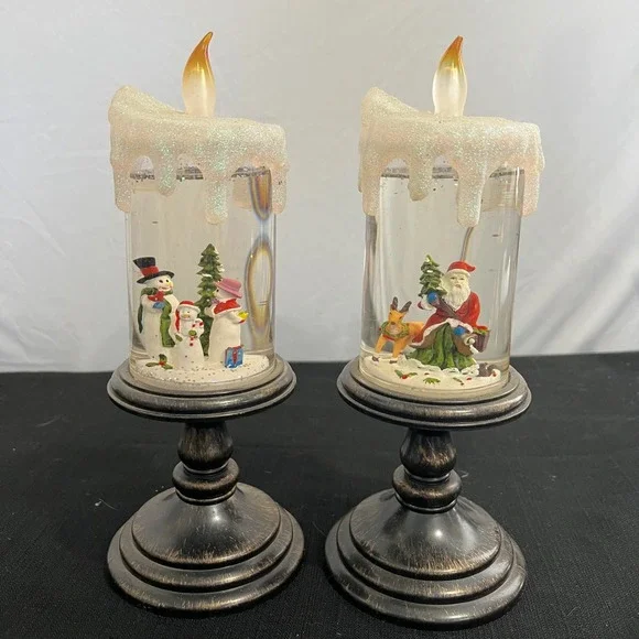 Set of‎ 2 Christmas Snow Globe LED Candles Santa Snowman Pedestal 10.5 Inch