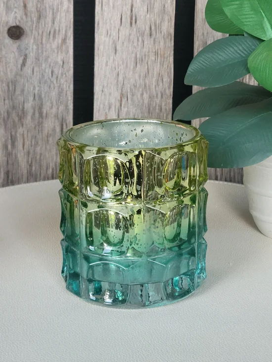 Green to Turquoise Ombre Textured Glass Candle Holder