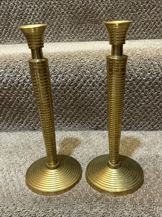 Vtg Heavy Brass candlesticks Ribbed MCM Design 10” Pair, Patina Biedermann India