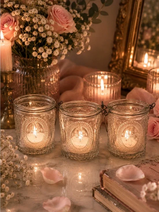 Set of 3 Fleur de Lis Glass Votive Candle Holders French Cottage Farmhouse
