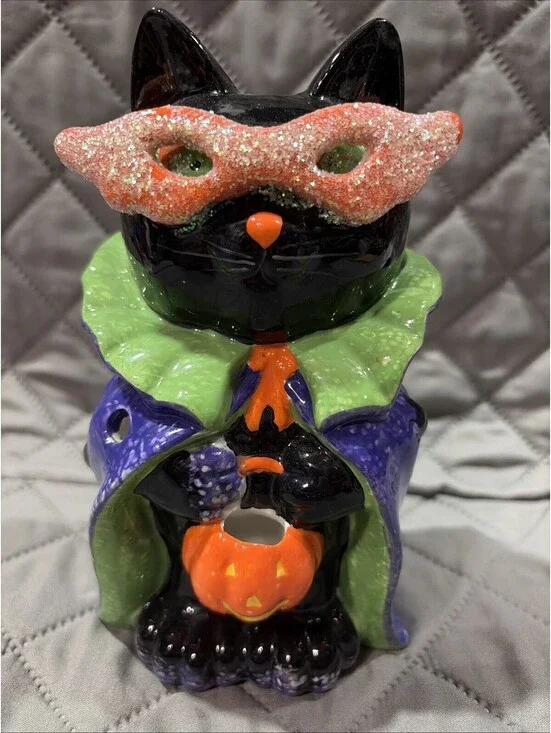 Black Cat Candle Holder with Mask And Pumpkin Halloween Cat
