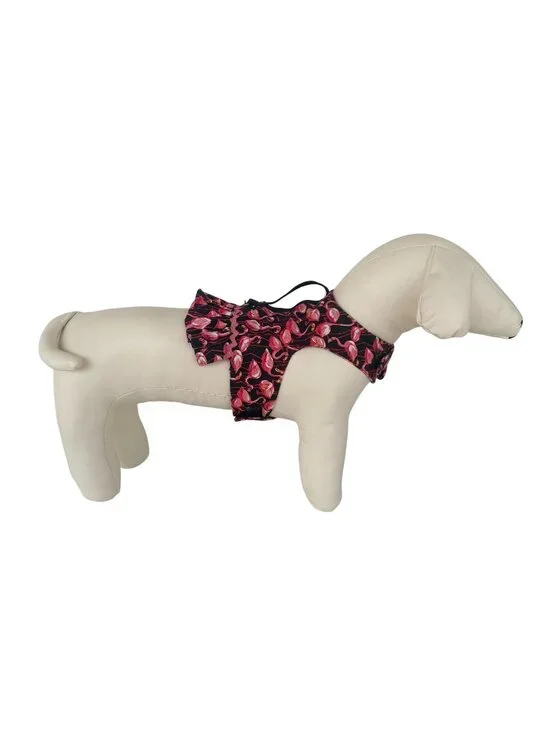 Handmade Small Dog Adjustable Dress Outfit w Harness Flamingo Black Pink Print