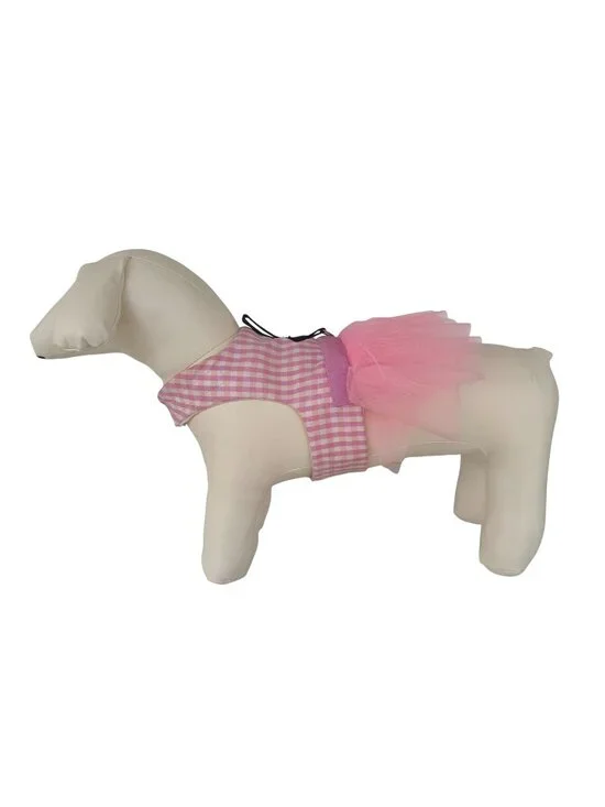 Handmade Small Dog Adjustable Dress Outfit w Harness Pink Gingham  Tulle Tutu -