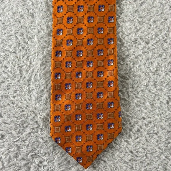 Canali Mens Silk Tie Orange Blue Geometric Floral Medallion Made in Italy