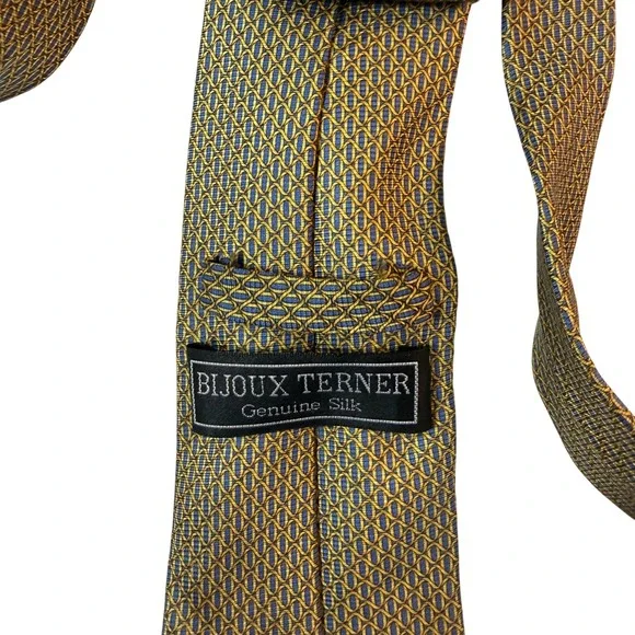 Vintage Bijoux Terner 100%‎ Silk Tie Mens Gold Blue Silk Geometric Handmade Chic
