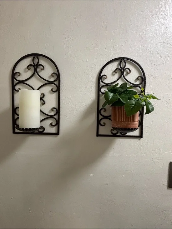 Two vintage iron scroll wall sconce candle holders