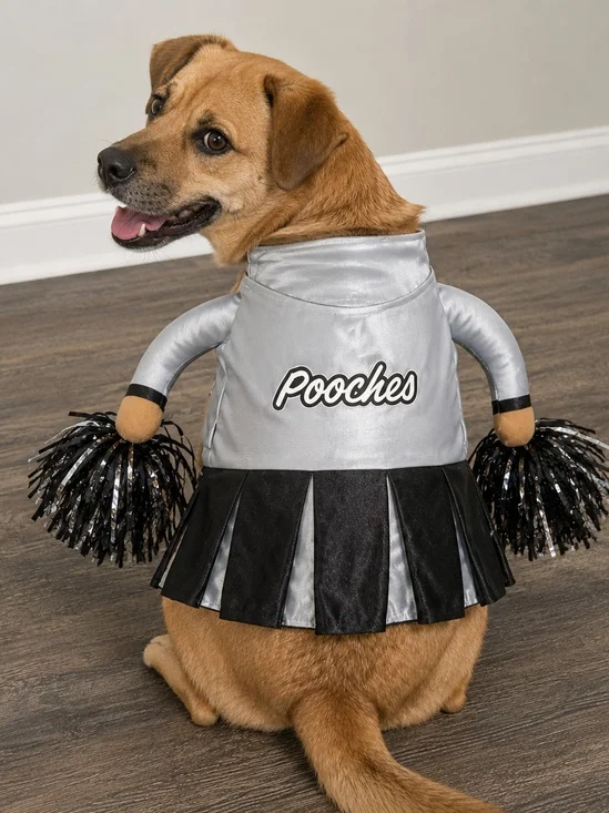 Pooches Dog Cheerleader Costume Size Large Silver & Black Pet Halloween Pom Poms