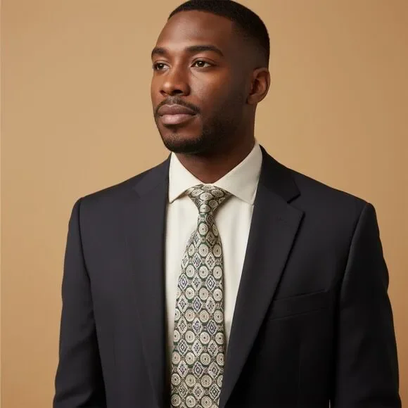 Tommy Hilfiger Silk Tie Men’s Geometric Print Green Tan Classic Vintage Neckwear