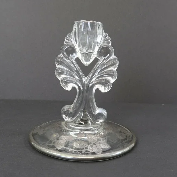 Glass Candle Holders Silver City Grapes Raspberry Clear Silver Overlay 5.5