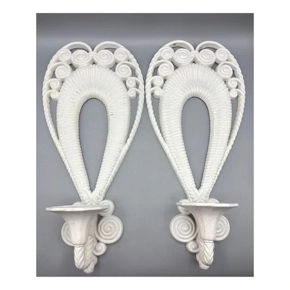 Vintage Syroco White Wall Sconces Pair‎ Hollywood Regency Scroll Candle Holders