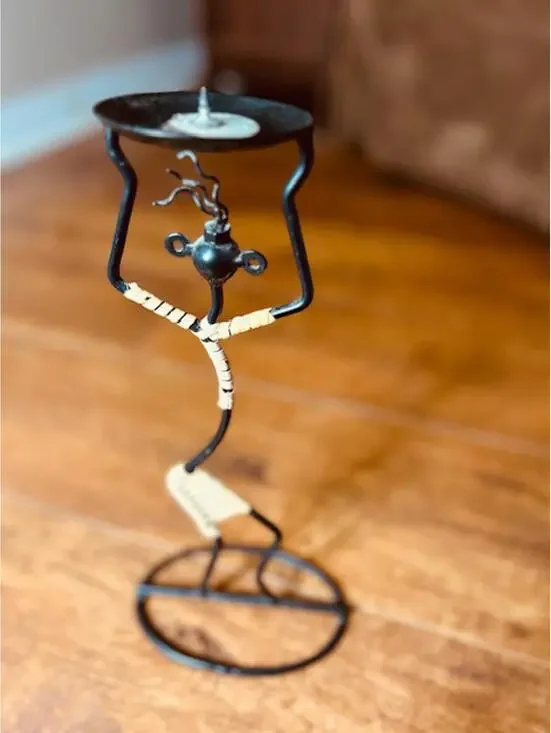 African Dancing Tribal Art Handcrafted Metal and Wicker Candle Holder