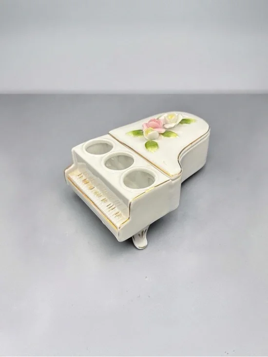 Vintage DeVilbiss Ceramic Floral Piano W/Gold Accents Candle Holder Trinket Box