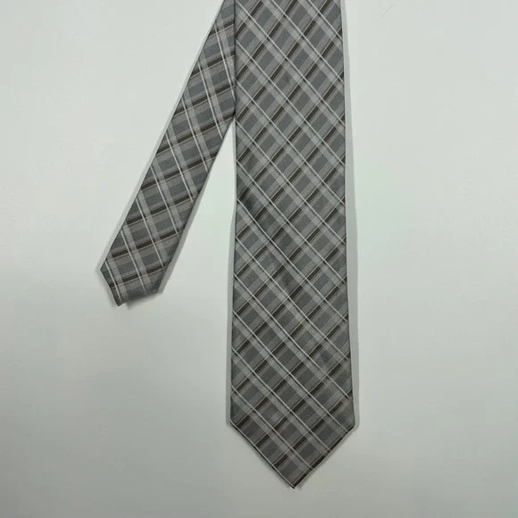 Perry Ellis Grey Plaid Silk Necktie Mens One Size