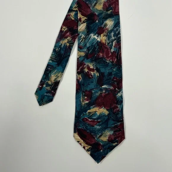 Geoffrey Beene Teal Burgundy Abstract Silk Necktie Mens OS