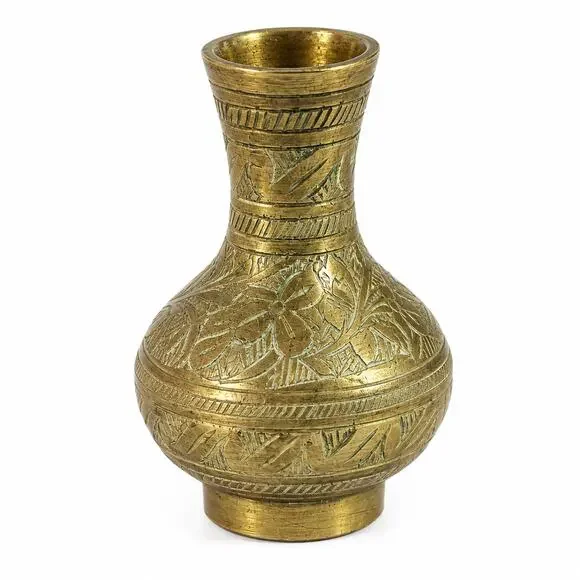 Vintage India Solid Brass Mini Candlestick Holder Hand Etched Floral 3