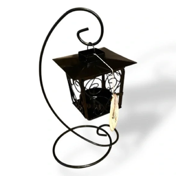 Mid-Century Modern Metal Black Bird House Cage Tea Light Hanging Lantern w/Stand