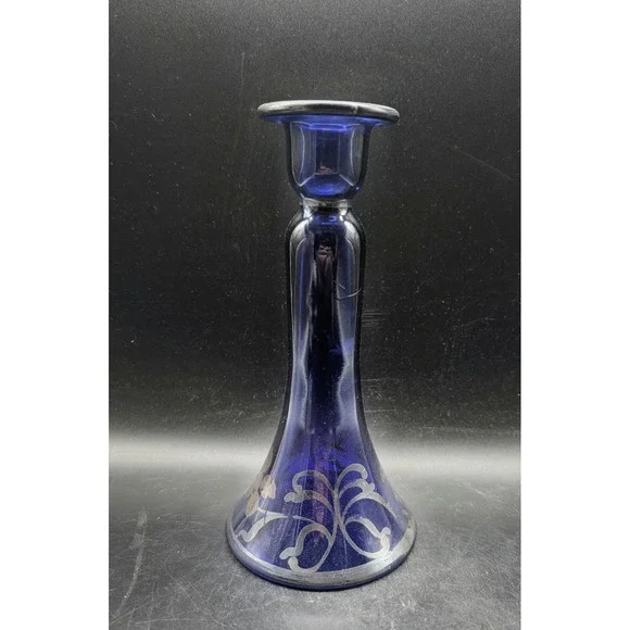 Vintage Cobalt Blue Glass Candlestick Holder Silver Overlay Floral Trumpet 8in