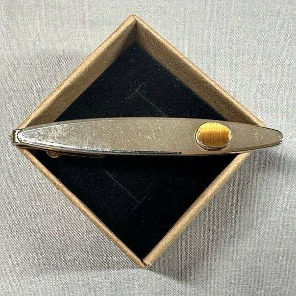 Vintage Swank Gold-Tone‎ Tie Clip Bar w/ Amber Stone 1960s–70s USA