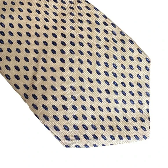 Savile Row‎ 100% Silk Tie Gold Navy Oval Dot Pattern Made in USA Men's Necktie