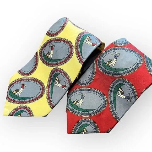 Pierre Cardin TWO Silk Ties Yellow / Red Golfers Retro Characters Medallion Golf