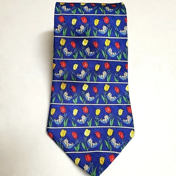 PAUL FREDRICK Bear in a Hammock Floral Tulip Blue Men's 100Italian Silk Neck Tie