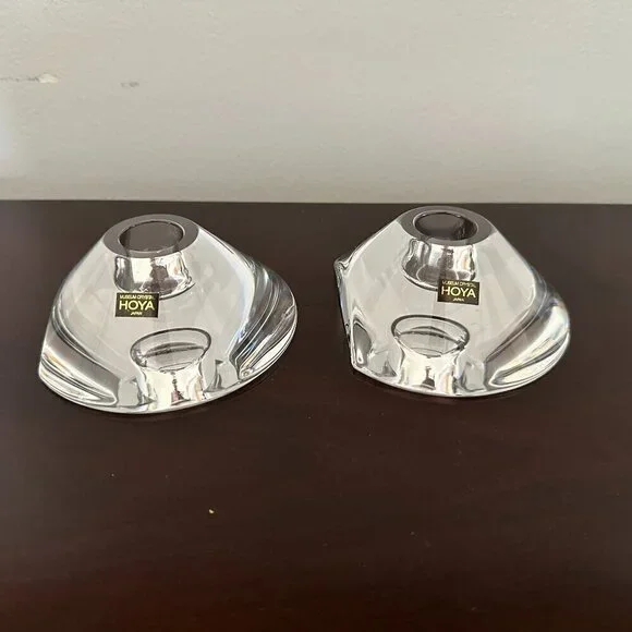 Vintage Hoya Museum Crystal Candlestick Single Candle Holder Japan Set of 2