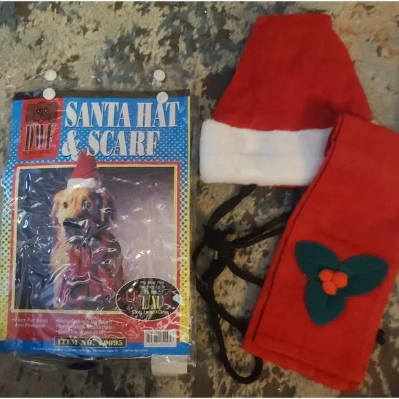 Vintage Pet Christmas Costume Santa Hat & Scarf  for Pets‎ Up to 75 lbs. L/XL