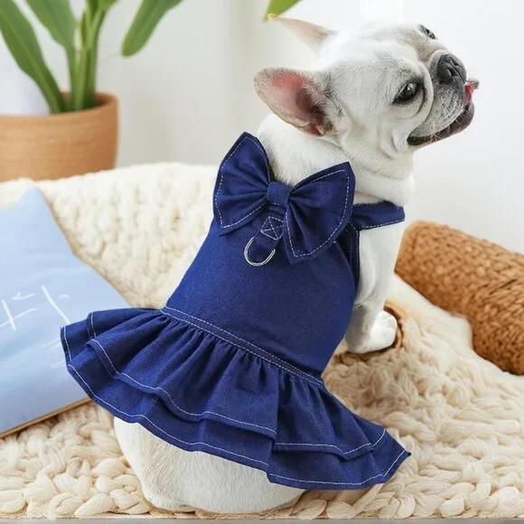 NEW Dog Denim Dresses Bow Princess Harness Dress Summer Dog Apparel with Ring