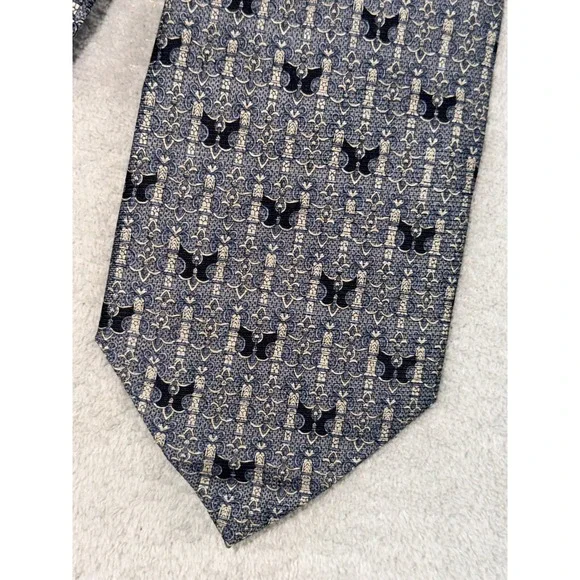 Tesoro Rosso Mens‎ Silk Tie Grey Navy Blue Geometric Butterfly Hand Made Korea