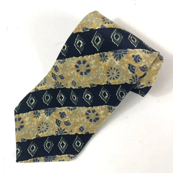 Metropolitan Museum of Art Silk Tie Vtg Blue Gold Geometric Pattern Made Canada