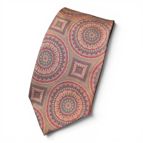 VTG Burberrys London Men's Silk Medallion Necktie Brown‎ Red Blue USA