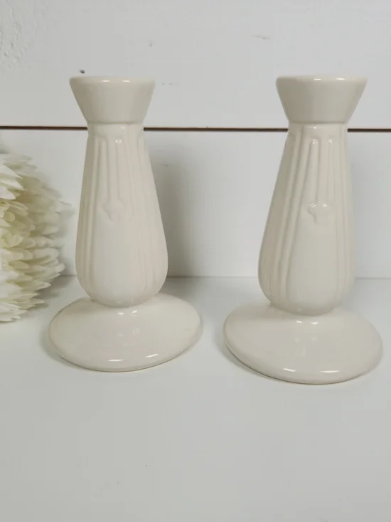Vintage Pair of White Ceramic Pottery Candlestick Holders,  Art Deco Design