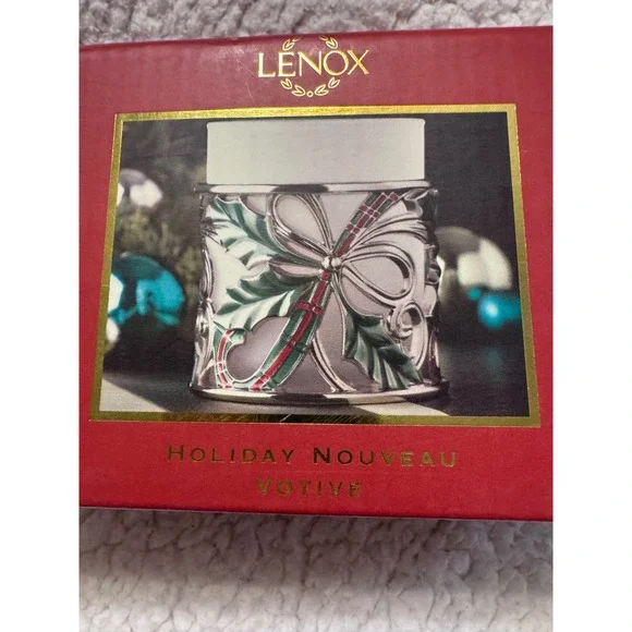 Lenox Holiday Nouveau Votive Silver Plated Pierced Holly Bow Candle Holder NWOT