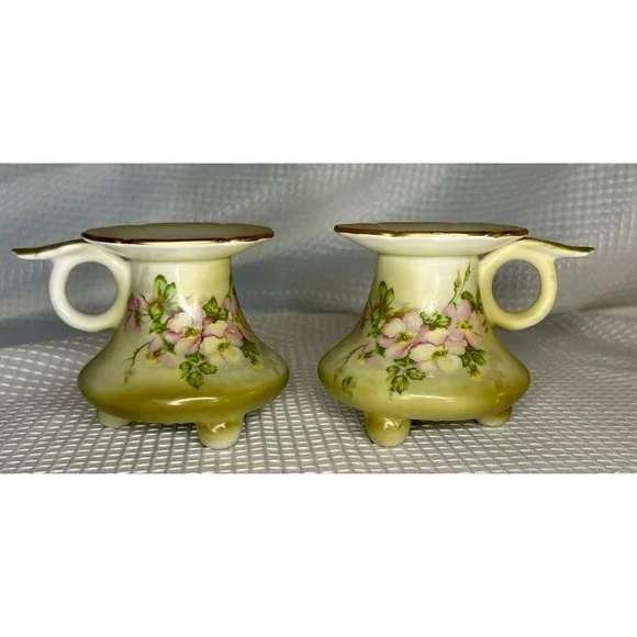 Vtg Nippon Hand Painted Porcelain Floral Candlesticks Pair Light Green Pink Gold