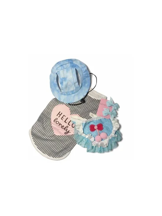 Pet Sun Hat Outfit Set | Shirt, Ruffle Skirt & Bows