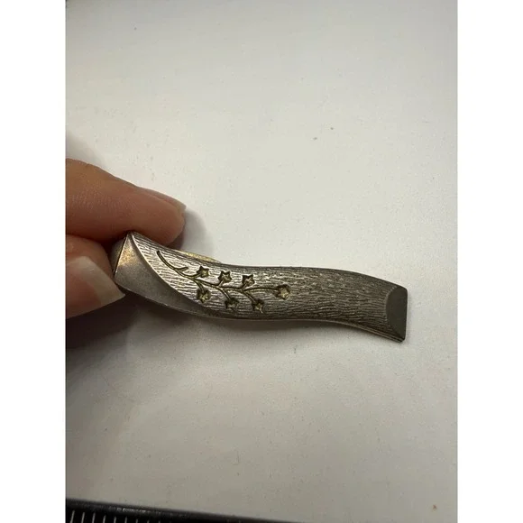 Vintage Silver Tone Wavy Tie Clip Etched Floral Gold Accents Mid‎ Century Modern