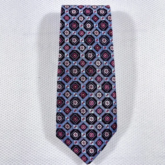 Piattelli Platinum Mens Silk Tie Blue Pink Geometric Medallion Made‎ in USA