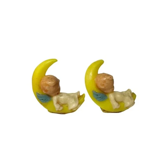 Vintage Gurley Baby Angel on‎ Crescent Moon Candles Pair – 1950s Decor