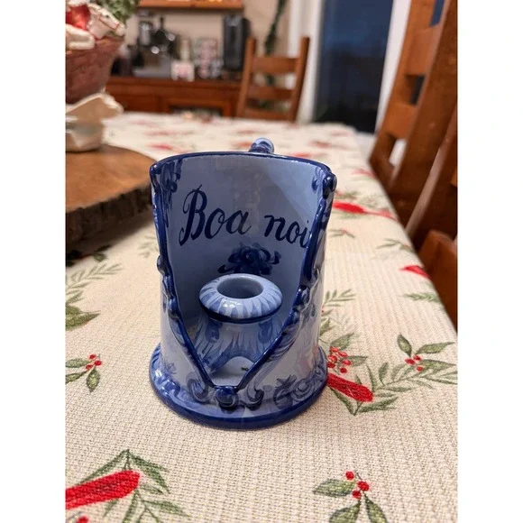 Vestal Portugal Hand Painted Ceramic Candle Holder Blue White Floral 